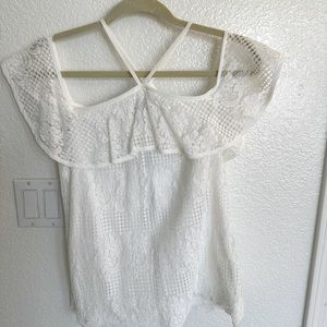 Blue Rain off-the-shoulder white lace shirt. Size small